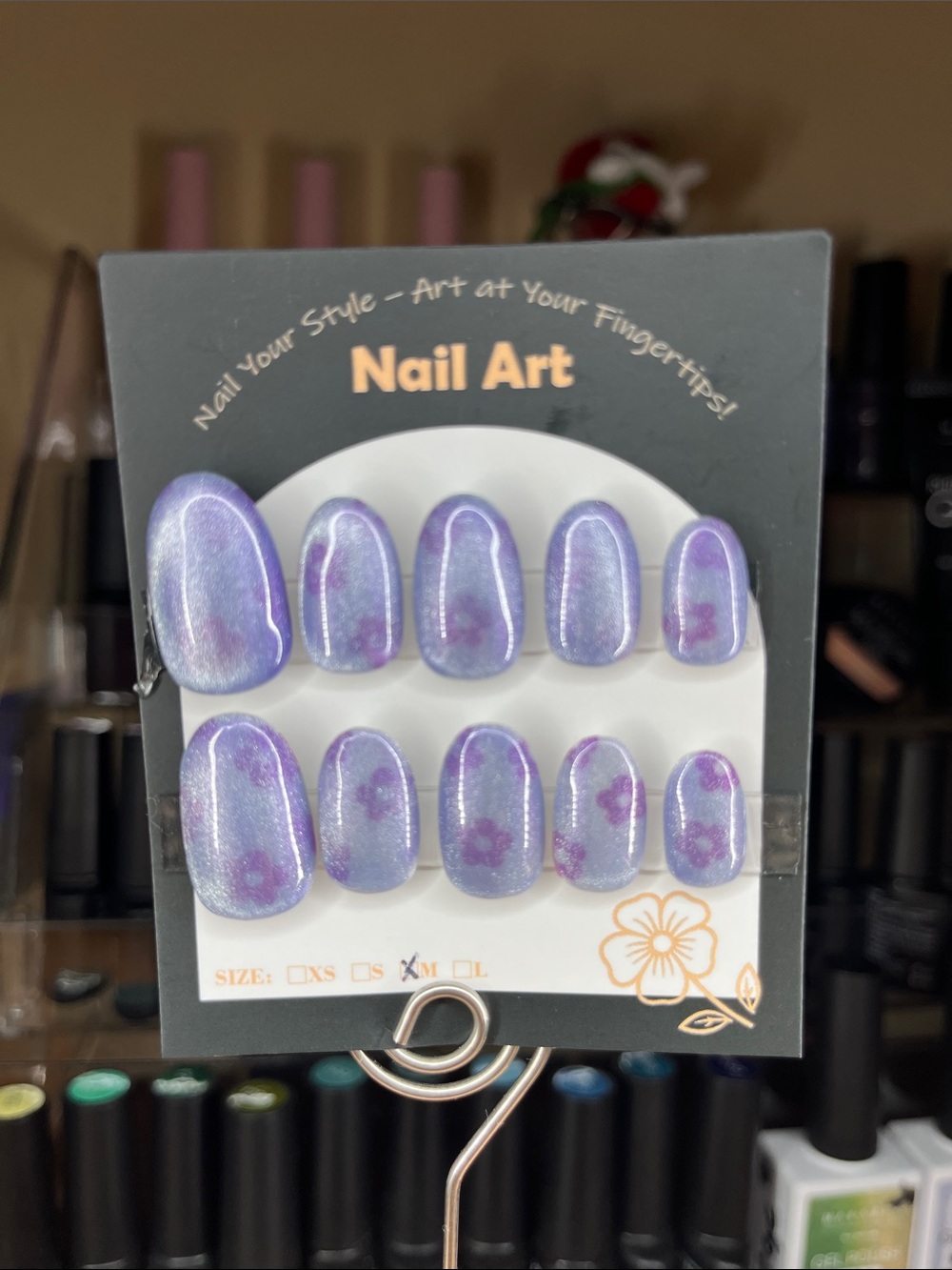 Press-On Nails Purple Iridescent Floral cat eye medium oval